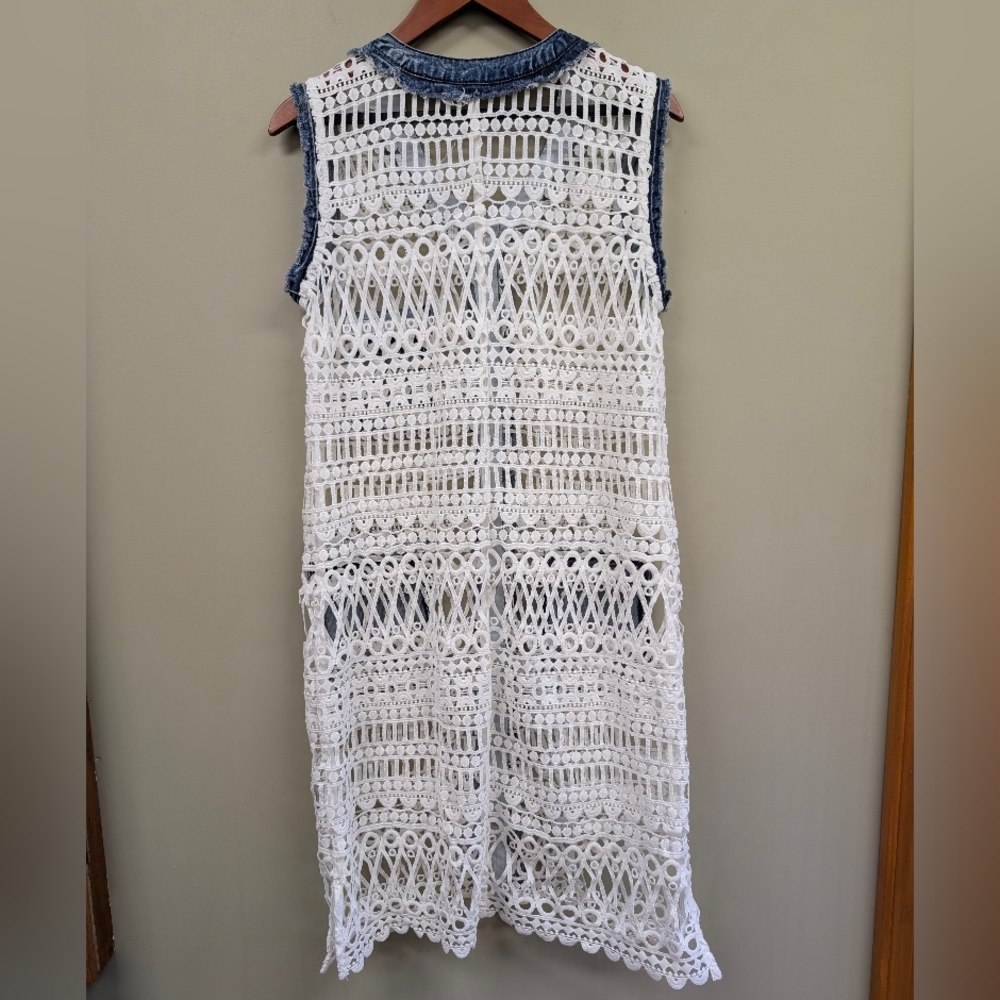 Dor Dor Couture Denim Crochet Silver Stud Accent Long Pocket Vest Large - Picture 3 of 7